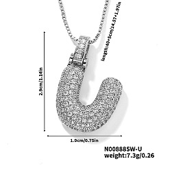 Letter U Элегантные латунные микропаве прозрачные кубические цирконии 3d начальные ожерелья, идеальный подарок для нее, платина, Буква U, 15.75 дюйм (40 см)