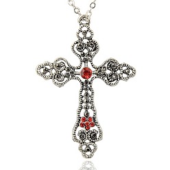 Светло-сиамский Тибетский стиль сплав горный хрусталь большие кулоны, латинский крест, античное серебро, Light Siam, 69x48x5 мм, отверстие : 3 мм