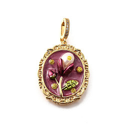 Серо-розавый Латунные подвески с микропаве из кубического циркония и эмали, овал с цветочными подвесками, с блестящей пудрой и натуральным пресноводным жемчугом, без никеля , реальный 18 k позолоченный, увядшая роза, 30x24x9 мм, отверстие : 6.5x4.5 мм