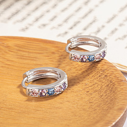 Плоский Круглый Серьги-кольца из латуни с разноцветными кубическими циркониями, платина, плоско-круглые, внутренний диаметр: 10 мм