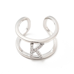 Letter K Кольцо-манжета с открытой буквой из прозрачного кубического циркония, платиновое латунное кольцо с двумя линиями для женщин, без свинца и без кадмия, letter.k, размер США 6 (16.5 мм)