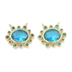Cyan Brass Cubic Zirconia Pendants, Oval Charm, Faceted, Cadmium Free & Nickel Free & Lead Free, Real 18K Gold Plated, Cyan, 16.5x18x4.5mm, Hole: 1mm