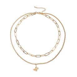 Golden PVD Vacuum Plating 304 Stainless Steel Double Chains Multi Layered Necklace with Butterfly Charm for Women, Golden, 16.34 inch(41.5cm)