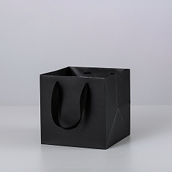 Black Solid Color Kraft Paper Gift Bags with Ribbon Handles, for Birthday Wedding Christmas Party Shopping Bags, Square, Black, 15x15x15cm