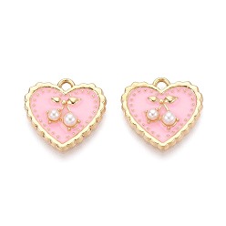 Pink Подвески из эмали и сплава, с ABS имитации жемчуга, сердце с вишневым шармом, золотые, розовые, 17.5x18x4 мм, отверстие : 1.8 мм