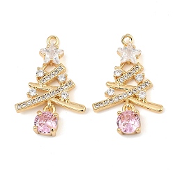 Бледно-Розовый Латунные микро проложить кубического циркония подвески, рождественская елка, реальный 18 k позолоченный, розовый жемчуг, 28.5x18.5x4.5 мм, отверстие : 1.5 мм