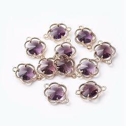 Indigo Glass Links connectors, with Eco-Friendly Alloy Open Back Berzel Findings, Faceted, Flower, Light Gold, Indigo, 15.5x12x4mm, Hole: 1.4mm