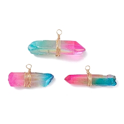 Разноцветный Подвески из натурального кварцевого кристалла с гальваническим покрытием в форме неправильной призмы, подвески-самородки с золотистой медной проволокой в обертке, красочный, 18~22x37~47x11~12 мм, отверстие : 3~4 мм