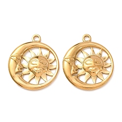 Plaqué 18K Or Véritable Pendentifs en acier inoxydable, soleil avec des charmes de lune, placage ionique (ip), réel 304 k plaqué or, 18mm, Trou: 29x25x3mm