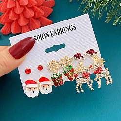 Золотой 6 пары серег-гвоздиков из сплава со стразами на рождественскую тематику, с искусственным жемчугом и эмалью, золотые, 5 мм