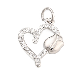 Платина Латунные микро проложить кубического циркония подвески, Сердце со цветками , долговечный, стойки покрытие, без свинца и без кадмия, с целью перехода в кольце, платина, 16x14.5x2.5 мм