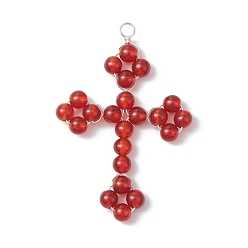 Красный Агат Подвески из медной проволоки из натурального сердолика, религия крест прелести, серебряный цвет гальваническим, 46x32x4 мм, отверстие : 3 мм