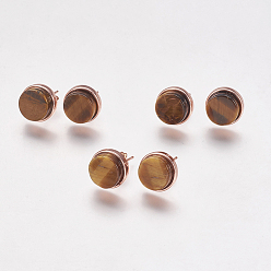 Tiger Eye Natural Tiger Eye Stud Earrings, with Brass Findings, Real Rose Gold Plated, Flat Round, 11.5x4.5~5.5mm, Pin: 1mm