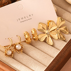 Золотой 3 пары цветов 304 комплекты серег-колец из нержавеющей стали с прозрачными кубическими цирконами и искусственным жемчугом, белые, золотые, 36x32мм и 27x13мм и 17x7мм