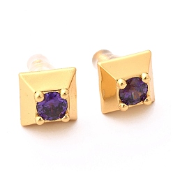 Индиго Латунные микро проложить серьги стержня кубического циркония, с пластиковыми гайками уха, долговечный, реальный 18 k позолоченный, квадратный, индиговые, 9x9x5 мм, штифты : 0.6 мм