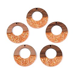 Темно-Оранжевый Подвески из непрозрачной смолы и орехового дерева, плоские круглые прелести, с блестящей пудрой и золотой фольгой, темно-оранжевый, 38x3~3.5 мм, отверстие : 2 мм