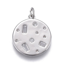 Платинированный Латунные микропаве прозрачные подвески с фианитом, долговечный, с прыжковых колец, плоско-круглые, Реальная платина, 19x17x2 мм, отверстие : 3 мм, перемычки: 5x1 мм, внутренний диаметр: 3 мм