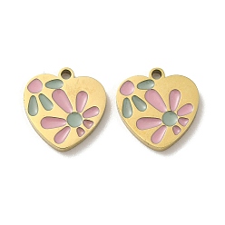 Бледно-Розовый Ионное покрытие (ip) 316 l подвески из хирургической нержавеющей стали, без никеля , с эмалью, реальный 18 k позолоченный, сердце с цветочным шармом, розовый жемчуг, 11x10.5x1.5 мм, отверстие : 1.2 мм