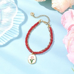 Красный Натуральный малайзийский нефритовый браслет из нескольких нитей, цветок, с ионным покрытием (IP) 304 текстурированные цепочки из нержавеющей стали и подвески из эмалевого сплава, красные, 7-3/4 дюйм (19.6 см)