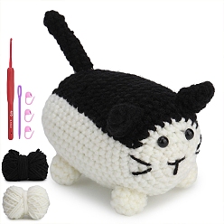 Black DIY Crochet Kits, including Yarns and Filling Cottons, 1Pc Crochet Needle, 1Pc Eye Needle, 3Pcs Stitch Marker and 2Pcs Eye Cabochon, Black, Package Size: 235x185x85mm