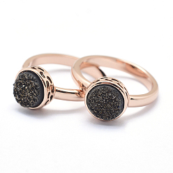 Черный Гальванизированный естественный druzy агат кристалл палец кольца, с фурнитурой из экологически чистой латуни, без свинца и без кадмия, долговечный, плоско-круглые, Размер 7, Настоящее розовое золото покрыто, чёрные, 17 мм