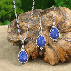 Королевский синий Сплав с акриловым кулоном ожерелье и висячие серьги, античное серебро, слеза, королевский синий, 390~450 мм и 52x15 мм