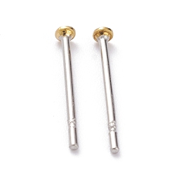 Golden & Stainless Steel Color 304 Stainless Steel Stud Earring Findings, with Brass Flat Pad Earring Post, Flat Round, Golden & Stainless Steel Color, 1.5x0.3mm, Pin: 0.7mm