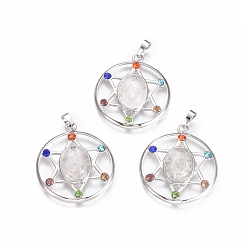 Хрусталь Стиль чакр, природного кварца хрустальных подвесок, с платиновым тоном латуни и горный хрусталь, плоские круглые со звездой, 38.5x34x8.5 мм, отверстие : 7x4 мм