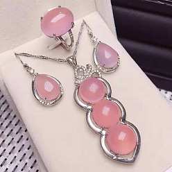 Pink 925 ожерелья, серьги и кольца из стерлингового серебра с микропаве из прозрачных кубических цирконий и натуральным халцедоном, платина, слеза, розовые, 400 мм