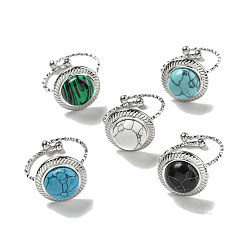 Нержавеющая Сталь Цвет 304 открытые манжеты из нержавеющей стали, Кольца на круглые пальцы с синтетическим малахитом и бирюзой для женщин и мужчин, цвет нержавеющей стали, регулируемый