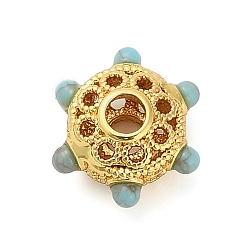 Rondelle Окрашенные синтетические бирюзовые бусины, с полыми вставками из латунного микропаве из кубического циркония, золотые, рондель, 10.5x12x6.5 мм, отверстие : 2.5 мм