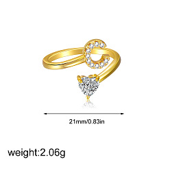 Letter C Латунные кольца-манжеты с микропаве из прозрачных кубических цирконий, сердце, золотые, буква С, 21 мм