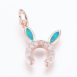 Бирюза Латунные подвески с фианитами, с синтетическим опалом, кроличьи уши, розовое золото , бирюзовые, 17x15x3 мм, отверстие : 4 мм