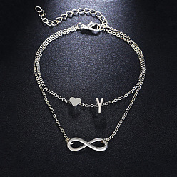Letter Y Браслеты на лодыжку из сплава с подвеской в виде сердца-бесконечности и инициалом, двухслойные, женские., платина, Письмо Y, 7-1/2 дюйм (190 мм)