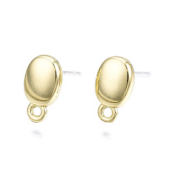 Light Gold Alloy Stud Earring Findings, with Loop and Steel Pin, Oval with Plastic Protective Sleeve, Light Gold, 11x6.5mm, Hole: 1.2mm, Pin: 0.7mm