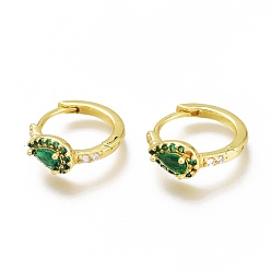 Зеленый Серьги-кольца из латуни с микро-паве из фианита, долговечный, кольцо со слезами, золотые, зелёные, 14x16x2 мм, штифты : 1x0.7 мм