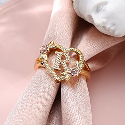 Letter R Сердце с цветком полые латунные перстни, золотой и розовое золото, Буква R, внутренний диаметр: 17 мм