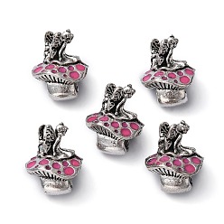 Ярко-Розовый Старинное серебро покрытием фея и Тибетский гриб стиль сплава эмали европейских бусы, бусины с большим отверстием, ярко-розовый, 13~14x10~11x10 мм, отверстие : 5 мм