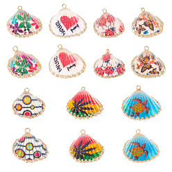 Mixed Patterns 14Pcs 7 Style Electroplate Printed Natural Scallop Shell Pendants, Sea Shell Pendants, with Golden Brass Loops, Mixed Patterns, 22~23x23~24x8~8.5mm, Hole: 1.8mm, 2pcs/style