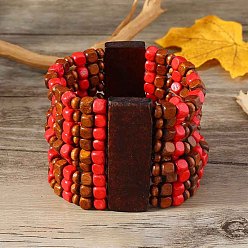 Красный Деревянные эластичные браслеты в стиле богемы и этнического стиля для женщин, окрашенные, красные, внутренний диаметр: 2-1/8~2-1/2 дюйм (5.3~6.2 см)
