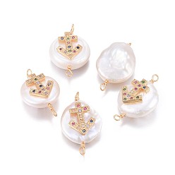 Sagittarius Natural Pearl Links connectors, with Brass Micro Pave Cubic Zirconia Findings, Flat Round with Constellation, Golden, Colorful, Sagittarius, 20~26x9~17x5~11mm, Hole: 1.6mm