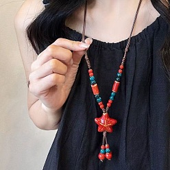 Red Bohemian Handmade Porcelain Star Pendant Adjustable Imitation Leather Cord Long Necklaces for Women, Red, 19.69~27.56 inch(50~70cm)