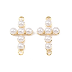 Настоящее золото 18K Подвески-соединители с крестообразным латунным креплением, с белым абс пластмассовым жемчугом бисером, без кадмия и без свинца, стойки покрытие, долговечный, реальный 18 k позолоченный, 23.5x13x5 мм, отверстие : 1.5 мм