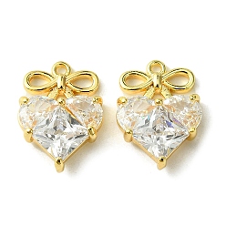 Настоящее золото 18K Латунные подвески, со стеклом, сердце с подвесками из бантика, реальный 18 k позолоченный, 16.5x12x4 мм, отверстие : 1.2 мм