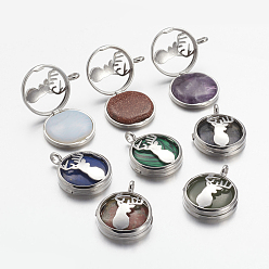 Mixed Stone Natural & Synthetic Gemstone Pendants, with Brass Diffuser Locket Finding, Flat Round with Christmas Reindeer/Stag, 31x26x8mm, Hole: 4mm