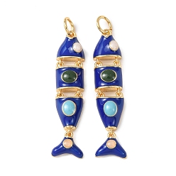 Синий Латунь эмаль подвески, рыбы прелести, без кадмия и без свинца, стойки покрытие, долговечный, с целью перехода в кольце, реальный 18 k позолоченный, синие, 32x8x4 мм, отверстие : 3 мм