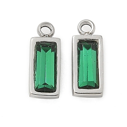 Зеленый 304 шарма из нержавеющей стали, со стеклом, прямоугольные, зелёные, 11x4.5x3.5 мм, отверстие : 1.4 мм