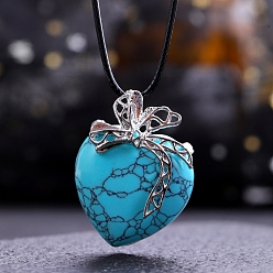 Synthetic Turquoise Synthetic Turquoise Pendants, Heart Charms with Platinum Plated Metal Bowknot, 40x30mm
