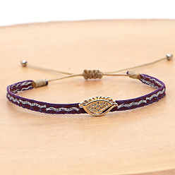 Purple Vintage Bohemian Cotton Cord Braided Bracelets with Brass Micro Pave Clear Cubic Zirconia Eye Beads, Adjustable Handmade Ethnic Style Wristbands, Golden, Purple