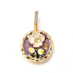 Розово-Коричневый Латунные подвески с микропаве из кубического циркония и эмали, плоский круглый с цветными чарами, с блестящей пудрой и натуральным пресноводным жемчугом, без никеля , реальный 18 k позолоченный, розово-коричневый, 23.5x21.5x8.5 мм, отверстие : 6.5x4.5 мм